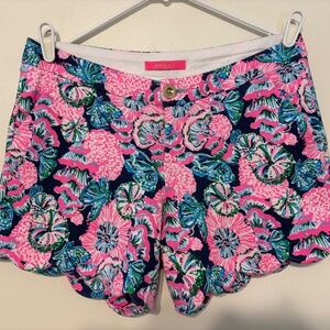 Lilly Pulitzer Womens Blue/Pink Floral 5" Buttercup Knit Scalloped Shorts Size 6